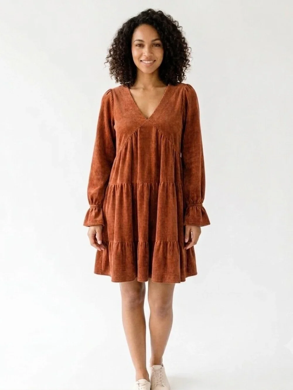 ​Rust Corduroy Babydoll Dress Tiered V-Neck Long Ruffle Sleeve Cozy Fall Sz L